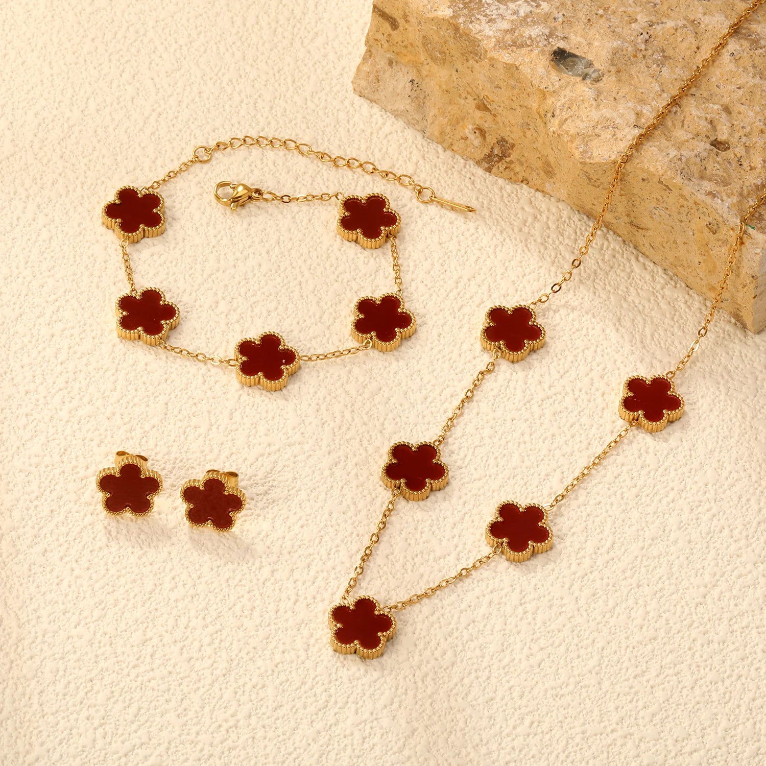 Fashion Flower Necklace Earrings Set Jewelry Women Stainless Steel White Shell Clover Bracelet Jewelry Accessories