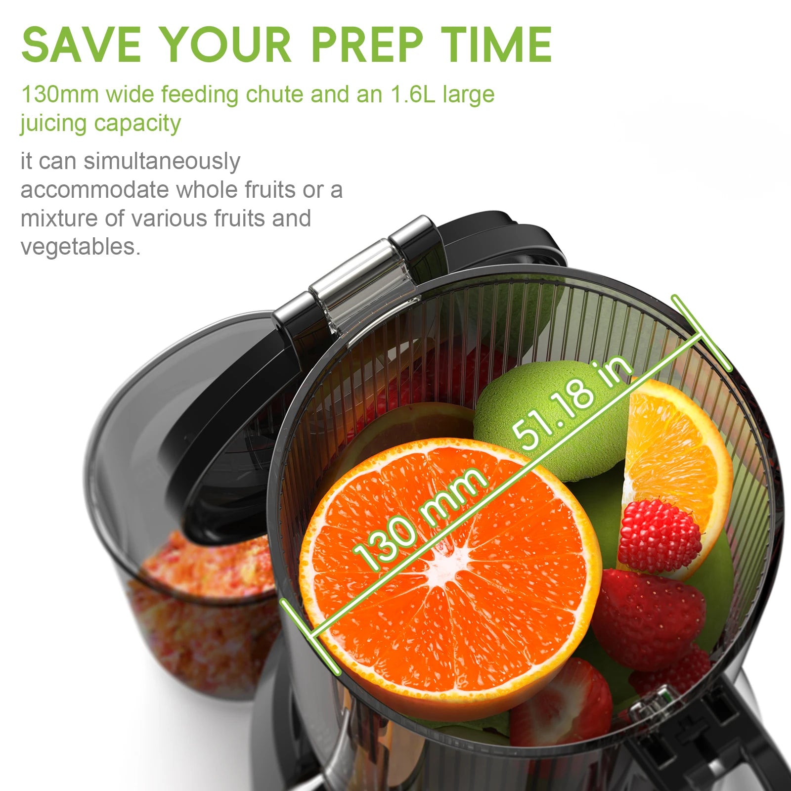 Cold Press Juicer,with 130mm Feed Chute,Fit Whole Fruits & Vegetables,High Juice Yield,BPA FREE Slow Masticating Juicer