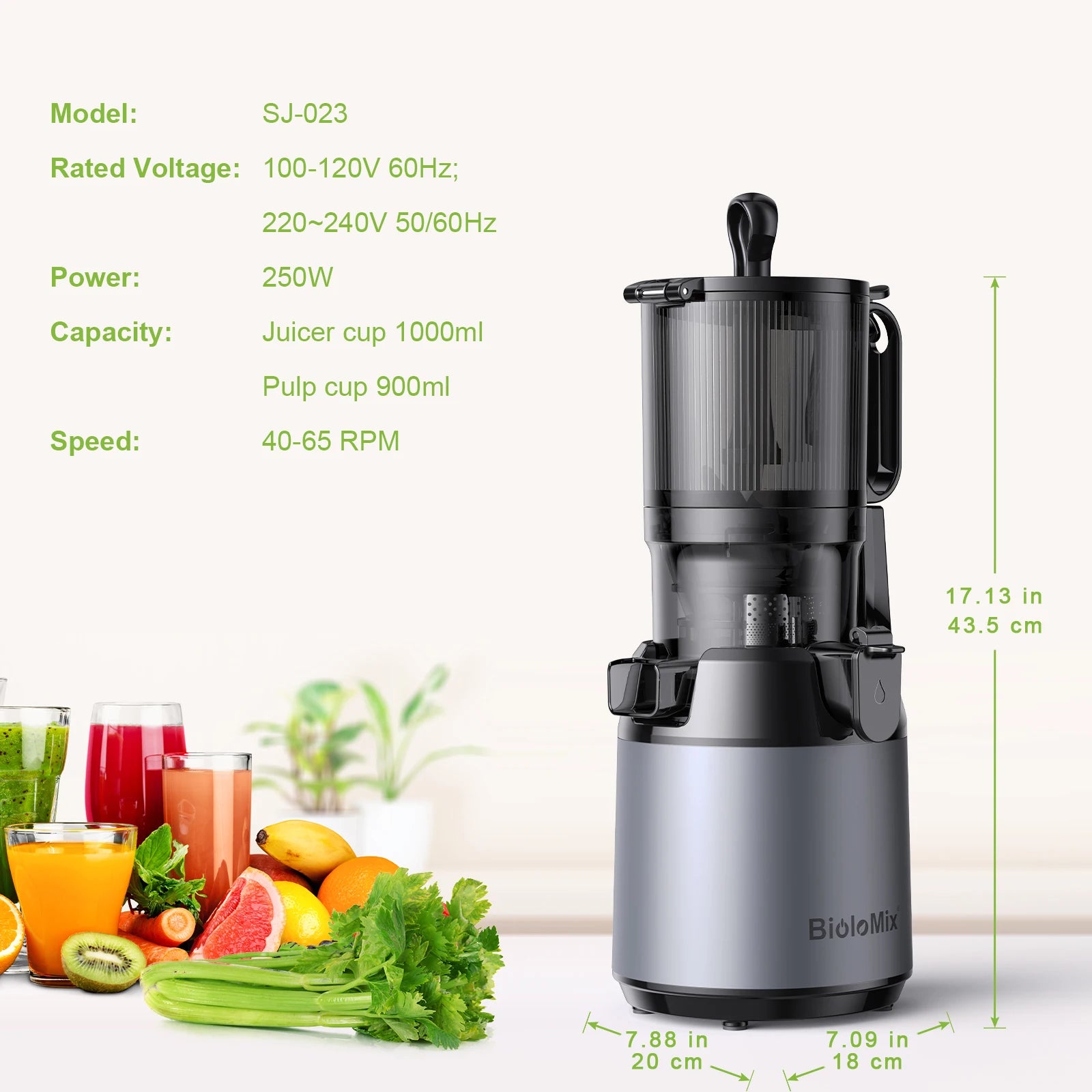 Cold Press Juicer,with 130mm Feed Chute,Fit Whole Fruits & Vegetables,High Juice Yield,BPA FREE Slow Masticating Juicer