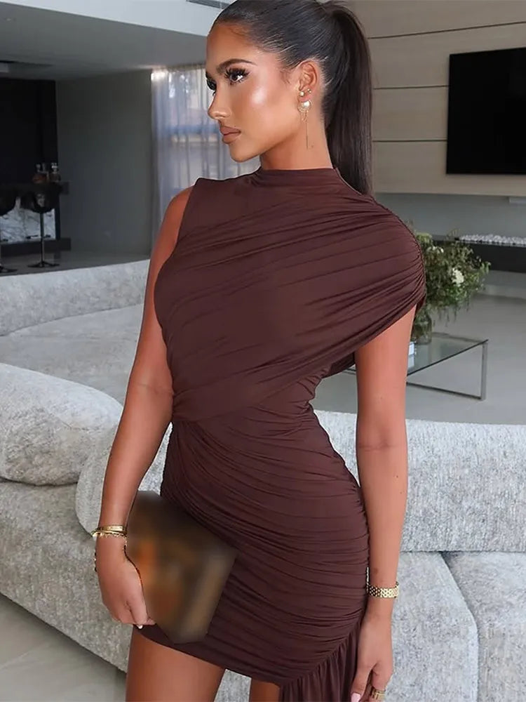 Pleated High-Neck Maxi Dress