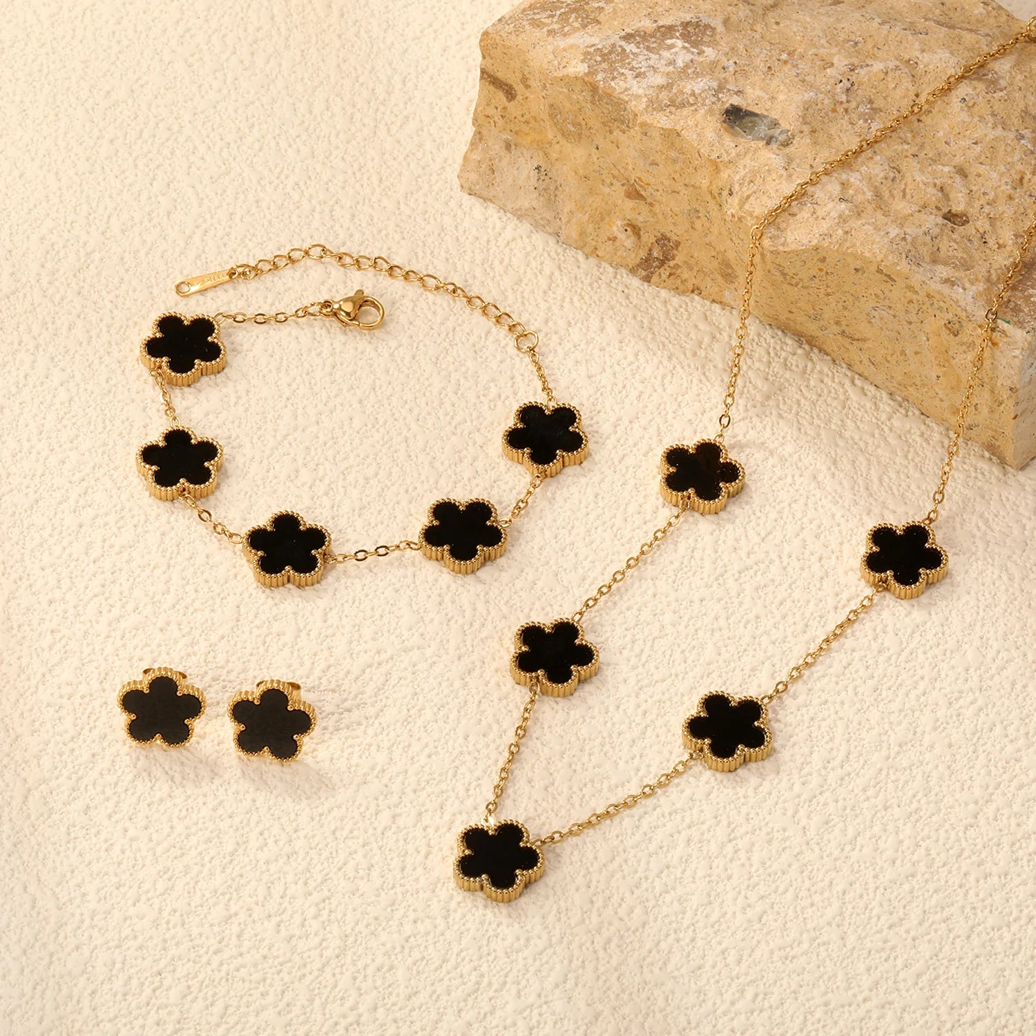 Fashion Flower Necklace Earrings Set Jewelry Women Stainless Steel White Shell Clover Bracelet Jewelry Accessories