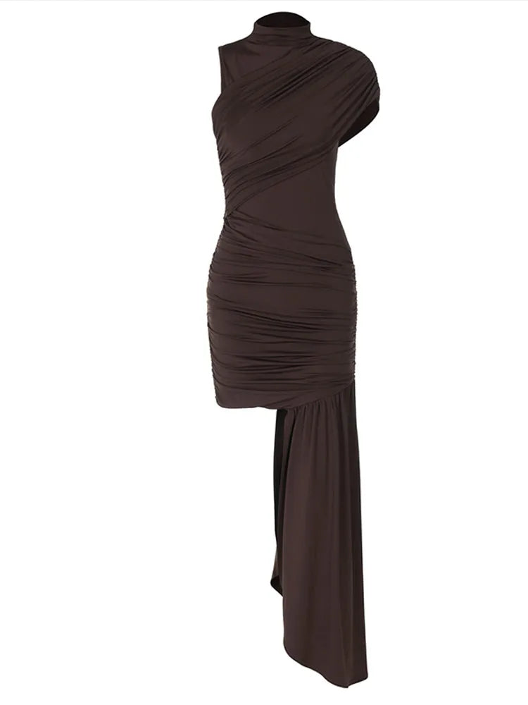 Pleated High-Neck Maxi Dress