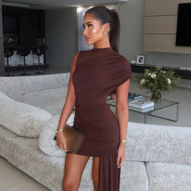 Pleated High-Neck Maxi Dress